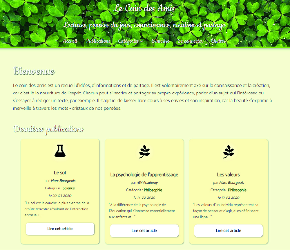 page d'accueil du site web Le Coin des Amis